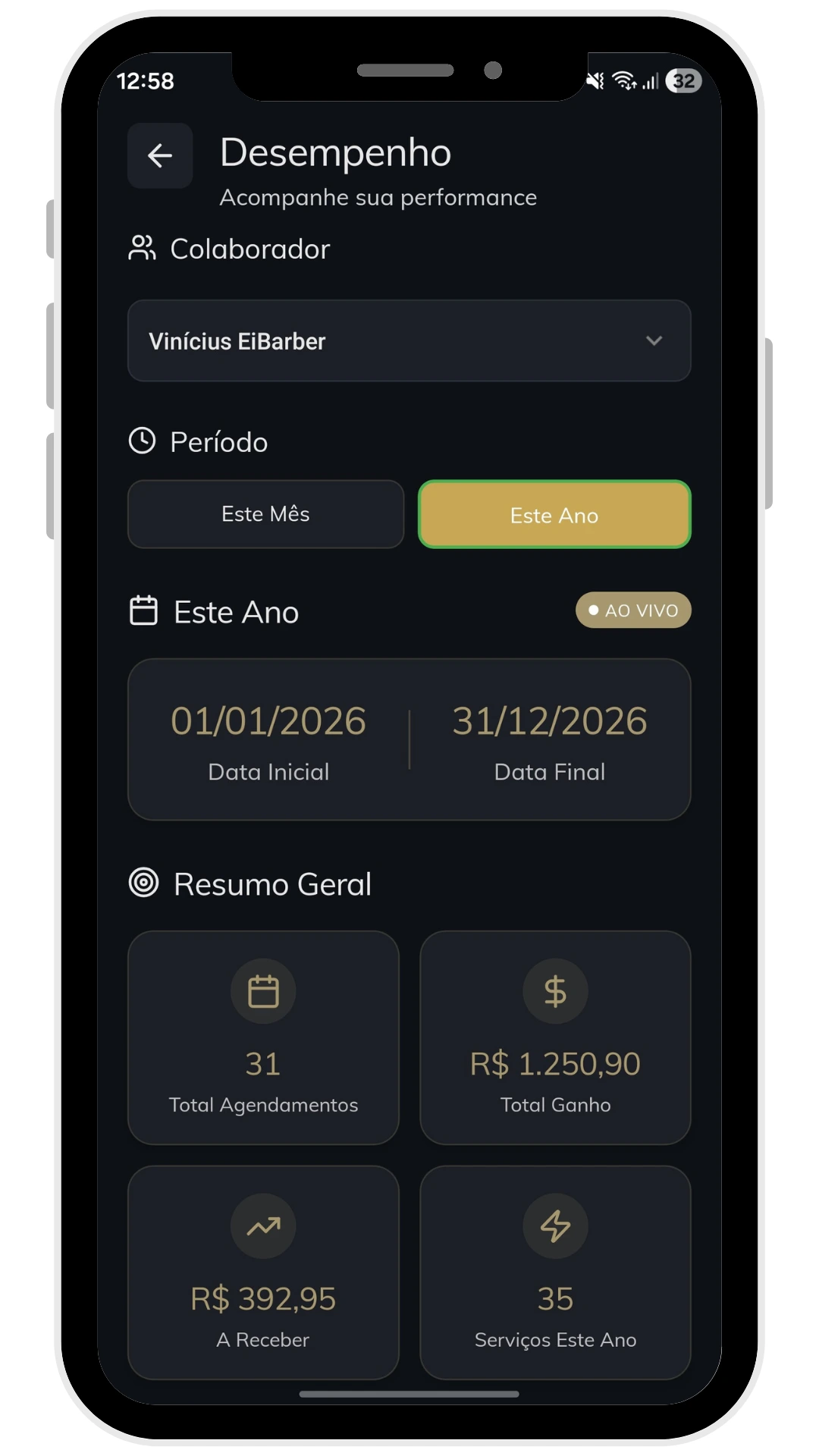 Tela da agenda inteligente do EiBarber